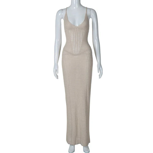 Load image into Gallery viewer, Hollow Out Backless Knit Dress For Women Spaghetti Strap Bandage Sleeveless Bodycon Club Party Sexy Long Dress Elegant

