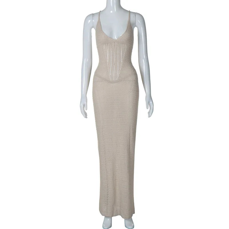 Hollow Out Backless Knit Dress For Women Spaghetti Strap Bandage Sleeveless Bodycon Club Party Sexy Long Dress Elegant