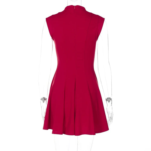 Load image into Gallery viewer, Half High Collar Sleeveless Sexy Mini Dress For Women Fashion Solid Red High Waist A-line Club Pleated Sexy Dress
