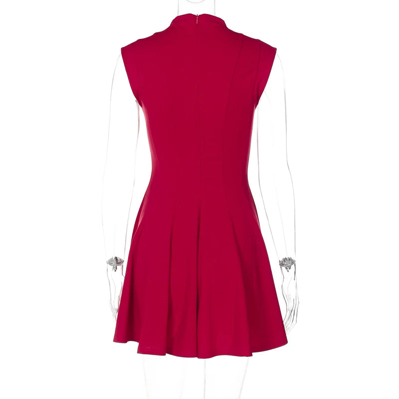 Half High Collar Sleeveless Sexy Mini Dress For Women Fashion Solid Red High Waist A-line Club Pleated Sexy Dress