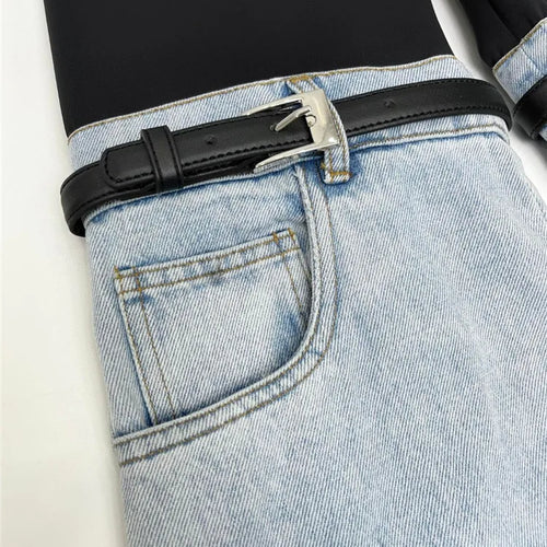 Load image into Gallery viewer, Patchwork Belt Denim Pants For Women High Waist Slimming Hit Color Streetwear Wide Leg Jeans Female Fashion Clothes
