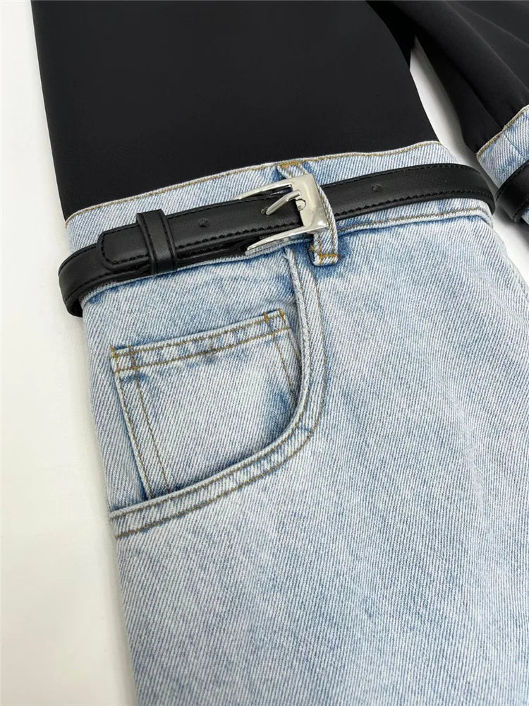 Patchwork Belt Denim Pants For Women High Waist Slimming Hit Color Streetwear Wide Leg Jeans Female Fashion Clothes