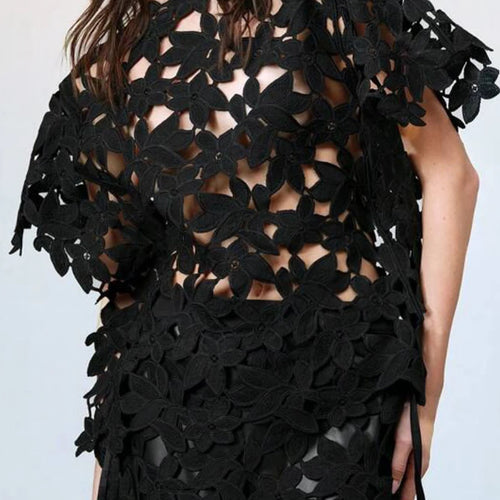 Load image into Gallery viewer, Solid Hollow Out Spliced Flower Two Piece Sets for Women Round Neck Short Sleeves Blouse High Waist Skirt Set Female
