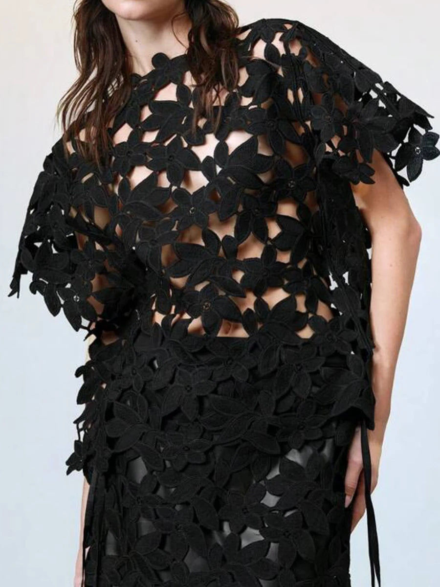 Solid Hollow Out Spliced Flower Two Piece Sets for Women Round Neck Short Sleeves Blouse High Waist Skirt Set Female