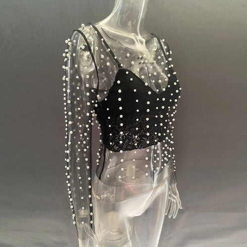 Load image into Gallery viewer, Pearl Mesh See Through T-shirt Women Fashion Long Sleeve Pullover Blouse Ladies Summer U Neck Sexy Tee Shirt Tops
