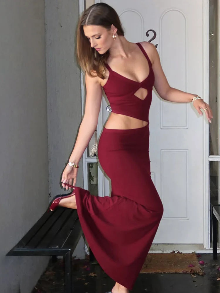 Hollow Out Backless Sexy Maxi Dress Women Gown Spaghetti Strap Sleeveless Irregular Slim Club Long Dress 2025 Summer
