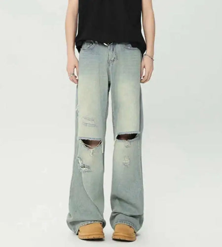 High Street Men's Jeans Straight Loose Hole Solid Color Worn-out Men Denim Pants 2024 Autumn New Male Trousers Women 9C6631