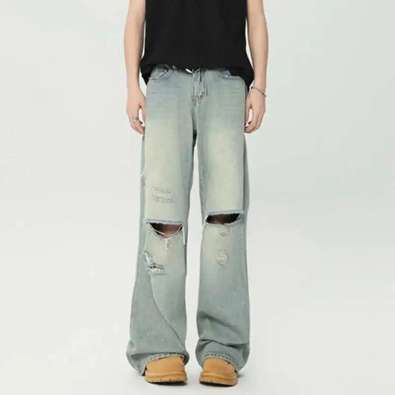 High Street Men's Jeans Straight Loose Hole Solid Color Worn-out Men Denim Pants 2024 Autumn New Male Trousers Women 9C6631