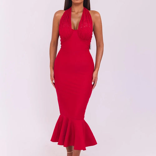 Load image into Gallery viewer, Sleeveless Fishtail Maxi Dress For Women Autumn New Halter Deep V Neck Backless Bodycon Party Sexy Long Dress Elegant
