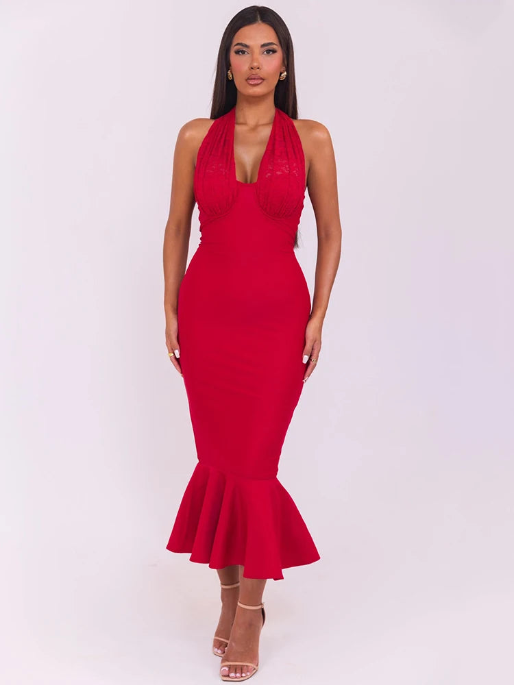 Sleeveless Fishtail Maxi Dress For Women Autumn New Halter Deep V Neck Backless Bodycon Party Sexy Long Dress Elegant