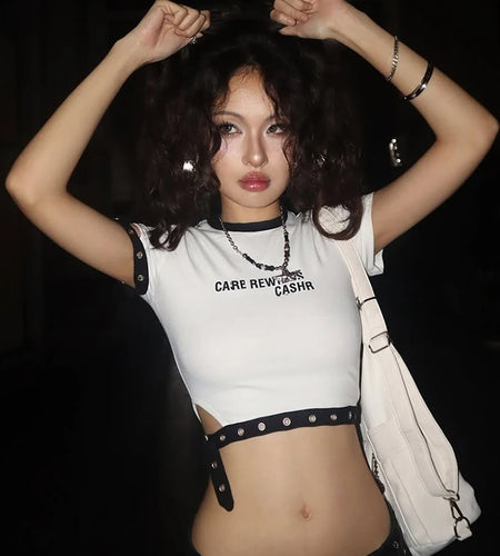 Patchwork t-Shirts Women Metal Adjustment Clasp o-Neck Hollow Letter Print High Elasticity Street Daily Hottie Mini Top