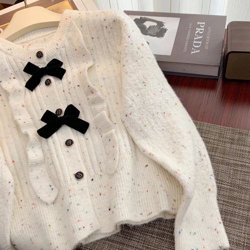 Load image into Gallery viewer, Korean Simple White V-neck Single-breasted Knitted Sweater 2024 Women Pink Sweet Ruffles Bow Cardigan Tops Vintage Autumn Winter
