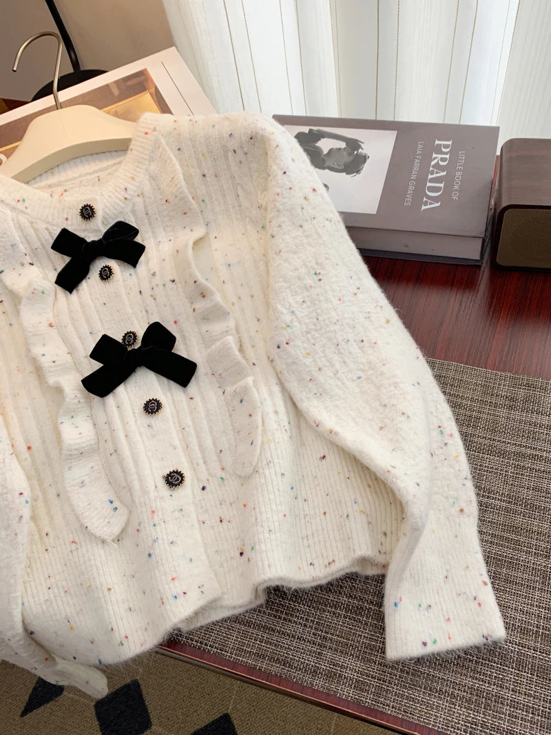 Korean Simple White V-neck Single-breasted Knitted Sweater 2024 Women Pink Sweet Ruffles Bow Cardigan Tops Vintage Autumn Winter