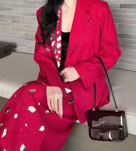 Solid Spliced Diamonds Two Piece Set For Women Lapel Long Sleeve Coat High Waist Temperament Skirts Sets Female New