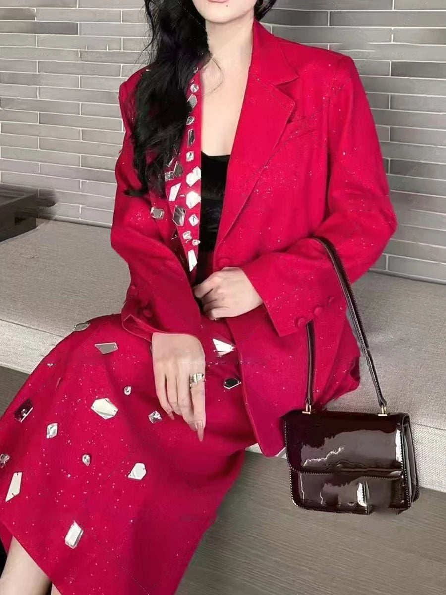 Solid Spliced Diamonds Two Piece Set For Women Lapel Long Sleeve Coat High Waist Temperament Skirts Sets Female New