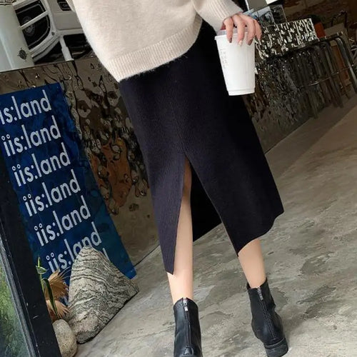 Load image into Gallery viewer, Korean Version Black Elegant Office Ladies Knitted Long Skirt Women Autumn Winter Beige High Waist Split Half Skirts Fashion New
