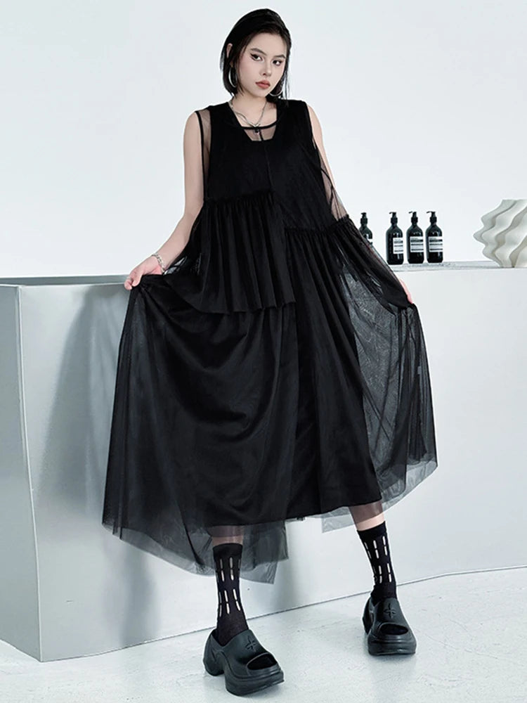 Women Black Khaki Mesh Perspctive Big Size Long Dress New Round Neck Sleeveless Fashion Tide Spring Autumn 2025  1DJ1064