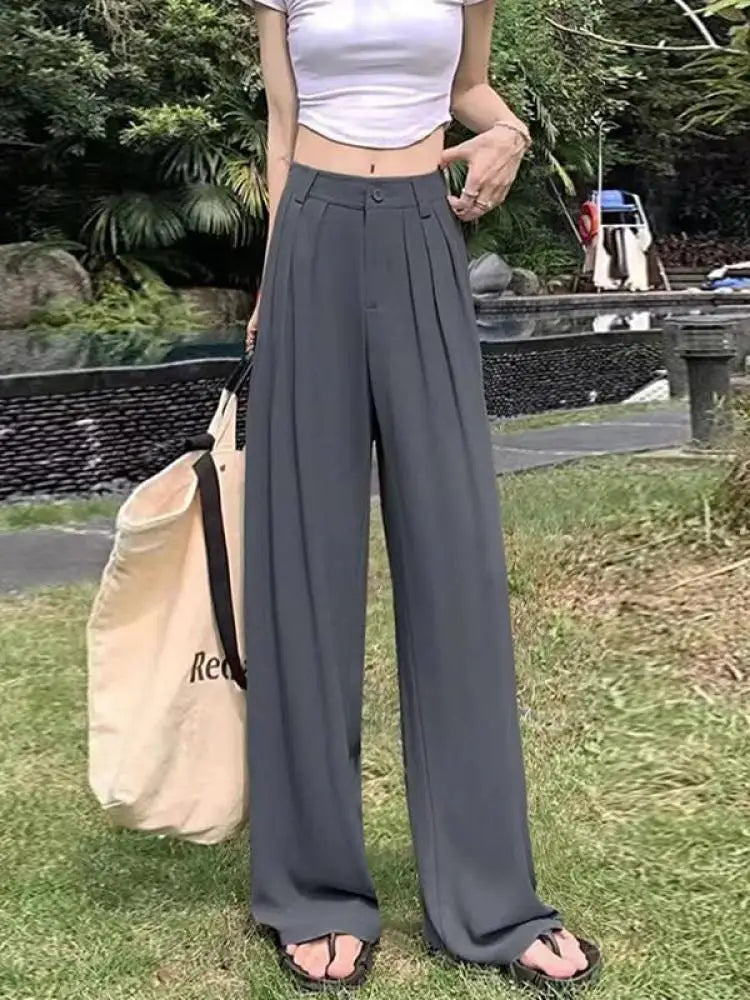 Fashion Solid Button Versatile Wide Leg Long Pant Women's Spring Summer High Waist Baggy straight Pleated Trousers Streetwear