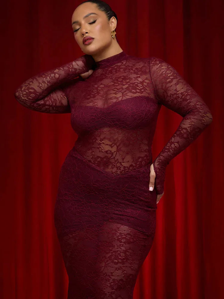 Elegant Lace Long Sleeved Bodysuit Half Skirt Two-piece Set Women Sexy Perspective Slim Set Winter New 2025 Clothing