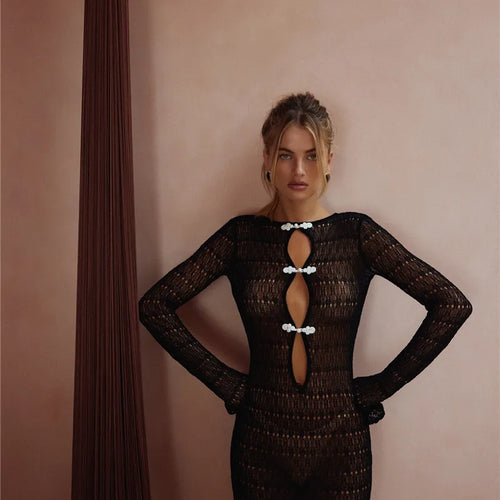 Load image into Gallery viewer, Hollow Out Knit Sexy Maxi Dress Women Fashion See Through Smock Dress Elegant Long Sleeve Backless Fishtail Dress

