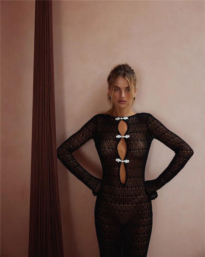 Hollow Out Knit Sexy Maxi Dress Women Fashion See Through Smock Dress Elegant Long Sleeve Backless Fishtail Dress