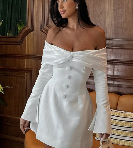 Fashion Long Sleeve Button Bodycon Women Dress 2024 Autumn New Skirt Sexy Slim One Shoulder Party Club Evening Dress