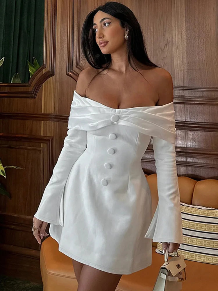 Fashion Long Sleeve Button Bodycon Women Dress 2024 Autumn New Skirt Sexy Slim One Shoulder Party Club Evening Dress