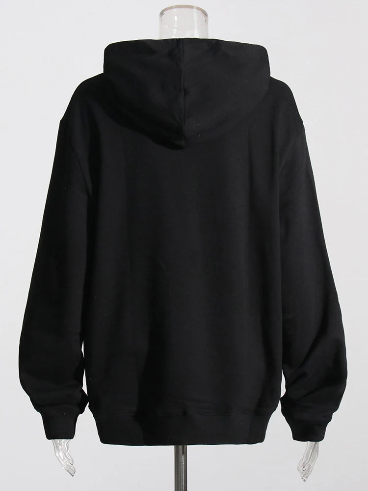 Black Loose Sweatshirt For Women Hooded Collar Long Sleeve Casual Solid Sweatshirts Female Clothes Fashion New 2022