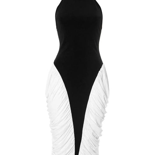 Load image into Gallery viewer, Patchwork Halter Backless Sexy Midi Dress Women Gown Elegant Fashion Contrast Color Sleeveless Pleated Long Dress
