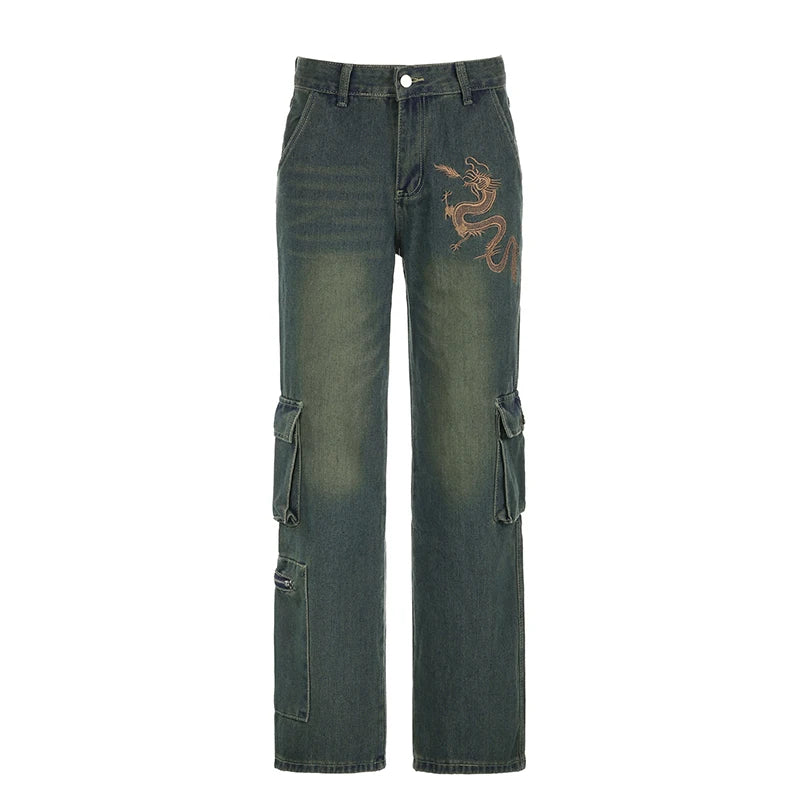 Grunge Fairycore Cargo Pants Denim Y2K Aesthetic Chic Dragon Embroidery Women Jeans Baggy Distressed Chic Trousers