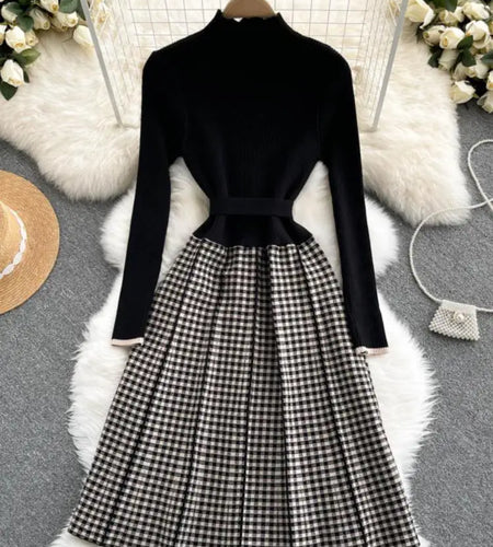 Women's New French Vintage Black Patchwork Lattice Slim Temperament Knit Dress Autumn Winter Elegant Bandage Party Long Dresses