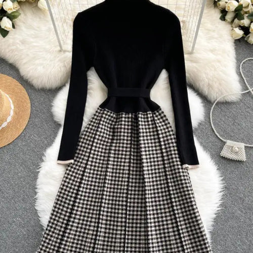 Load image into Gallery viewer, Women's New French Vintage Black Patchwork Lattice Slim Temperament Knit Dress Autumn Winter Elegant Bandage Party Long Dresses
