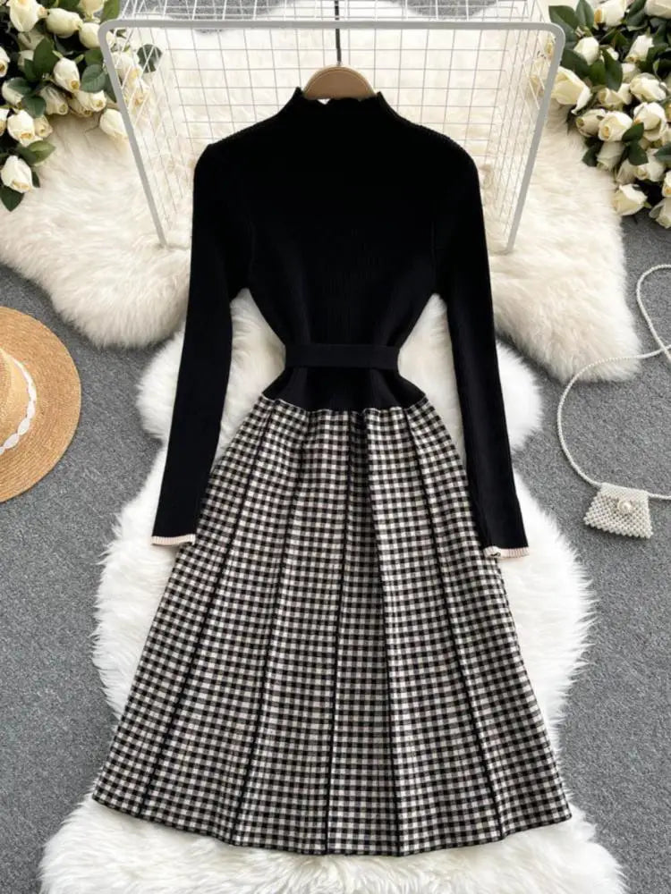 Women's New French Vintage Black Patchwork Lattice Slim Temperament Knit Dress Autumn Winter Elegant Bandage Party Long Dresses