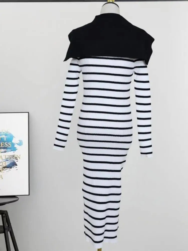 Autumn Winter Vintage Black White Striped Elegant Long Sleeve Dress Women French Single Breasted Office Bow Split Knitted Dress