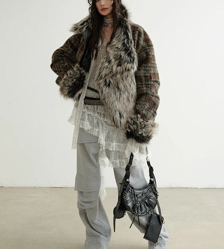 Plaid Both Side Wear Leather Big Size Faux Fur Jacket New Lapel Long Sleeve Women Coat Fashion Autumn Winter 2025 1DH9343