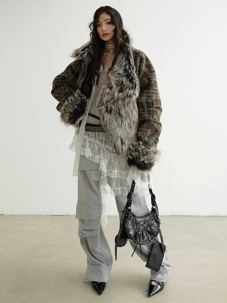 Plaid Both Side Wear Leather Big Size Faux Fur Jacket New Lapel Long Sleeve Women Coat Fashion Autumn Winter 2025 1DH9343