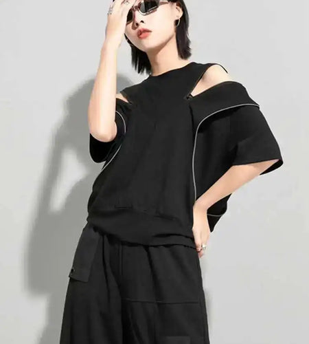 Women Black Zipper Off Shoulder Big Size T-shirt New Round Neck Half Sleeve Fashion Tide Spring Summer 2025 1DD57710