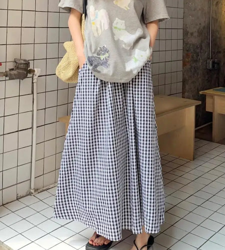 Korean Women Blue Pink Black Plaid Elastic High Waist Skirt Summer Holiday A-line Pleated Long Skirts Casual Streetwear Popular