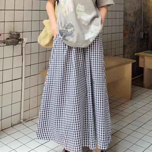 Load image into Gallery viewer, Korean Women Blue Pink Black Plaid Elastic High Waist Skirt Summer Holiday A-line Pleated Long Skirts Casual Streetwear Popular
