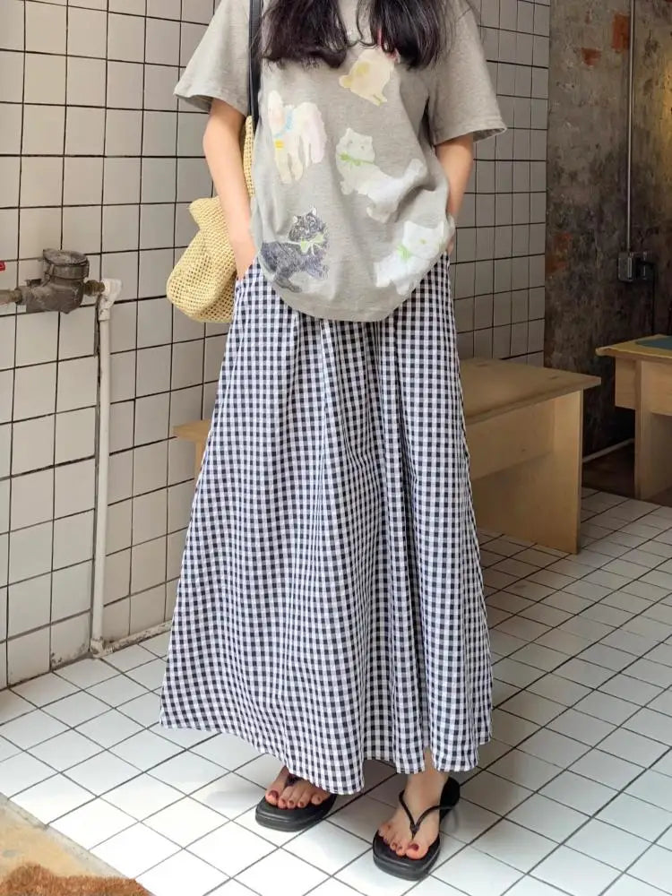 Korean Women Blue Pink Black Plaid Elastic High Waist Skirt Summer Holiday A-line Pleated Long Skirts Casual Streetwear Popular
