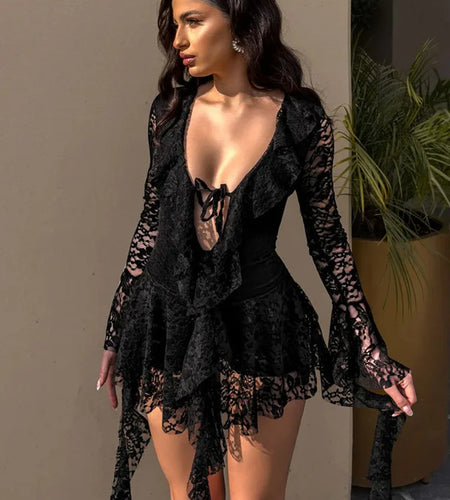 Lace Ruffled Sexy Mini Dress For Women Robe Deep V Neck Flare Long Sleeve Draped A-line Club Party Dress Vestido