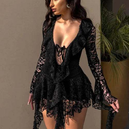 Load image into Gallery viewer, Lace Ruffled Sexy Mini Dress For Women Robe Deep V Neck Flare Long Sleeve Draped A-line Club Party Dress Vestido
