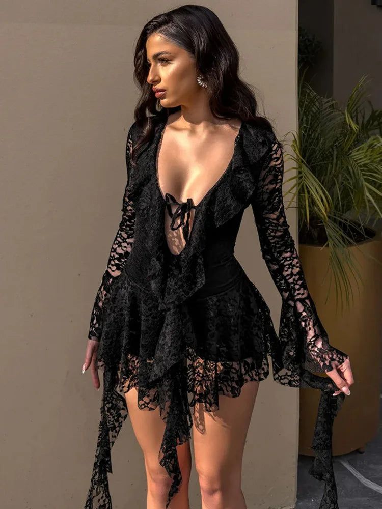 Lace Ruffled Sexy Mini Dress For Women Robe Deep V Neck Flare Long Sleeve Draped A-line Club Party Dress Vestido