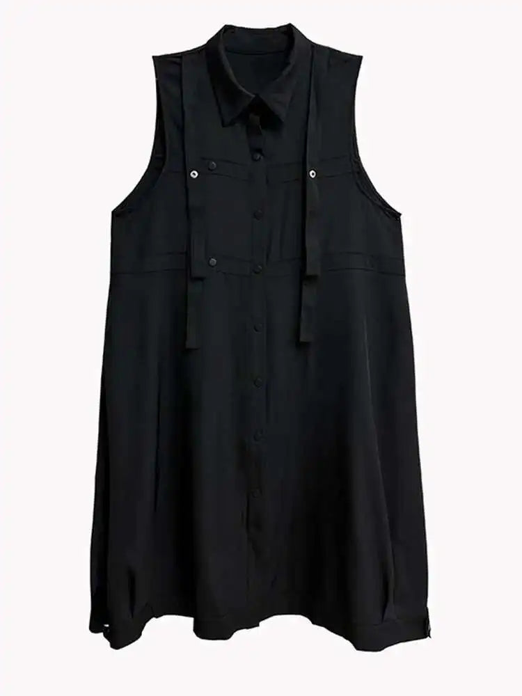 Women Army Green Button Big Size Midi Casual Shirt Dress New Lapel Sleeveless Fashion Tide Spring Summer 2025  1DH6614