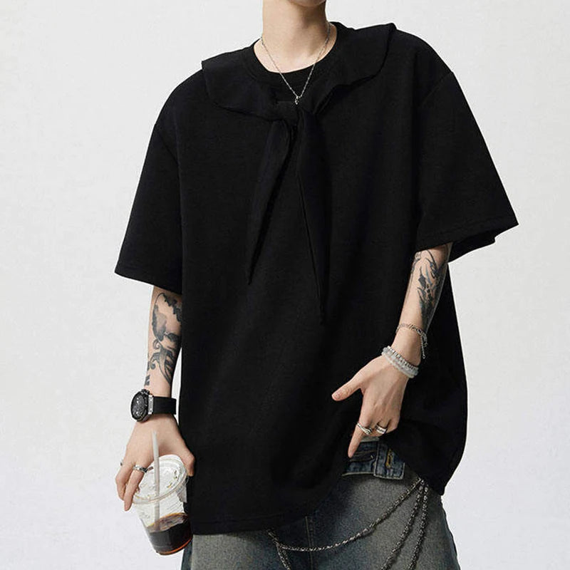 Men's T-shirts Short Sleeve Solid Color Trendy New Korean Style Tie Design Round Neck Pullover Male Clothing 9W1943