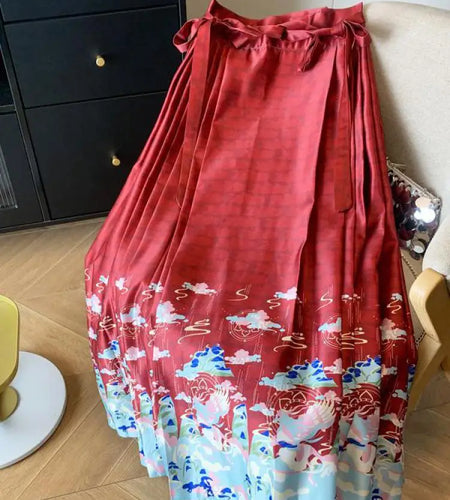 Women New Chinese Style Engagement Wedding Hanfu Cheongsam Improved Horse Face Skirt Spring Summer Bandage Pleated Long Skirts