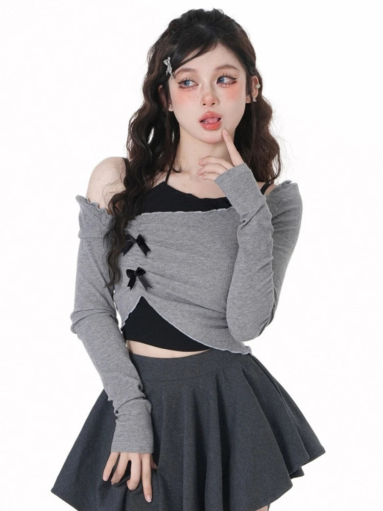 2025 Autumn New Slim Two Pieces Set Women Grunge Knitted Pleated Bow Tops + Sleeveless Halter Solid Vest Y2k Aesthetic Fashion