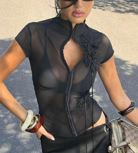 See Through t-Shirt Women Single-Breasted Half-High Neck Tassel Midnight Hottie Versatile Street Skinny Fashionable Tops