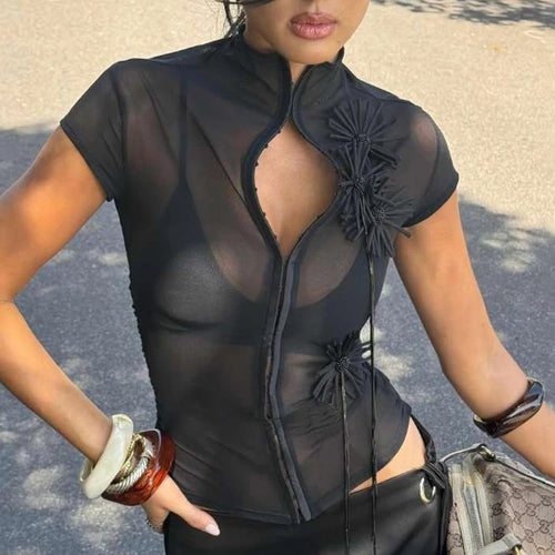 Load image into Gallery viewer, See Through t-Shirt Women Single-Breasted Half-High Neck Tassel Midnight Hottie Versatile Street Skinny Fashionable Tops
