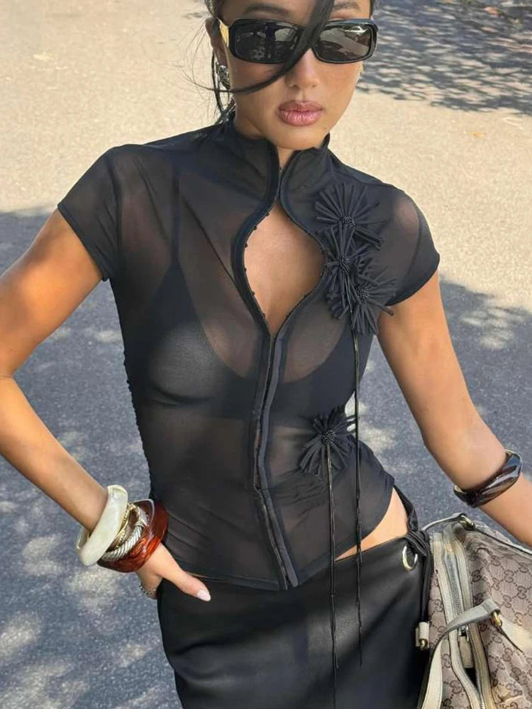 See Through t-Shirt Women Single-Breasted Half-High Neck Tassel Midnight Hottie Versatile Street Skinny Fashionable Tops